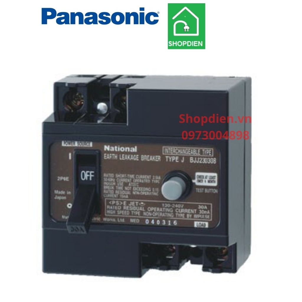 Cầu dao an toàn chống rò điện CB 2P2E 30A 30mA Panasonic BJJ23032-8