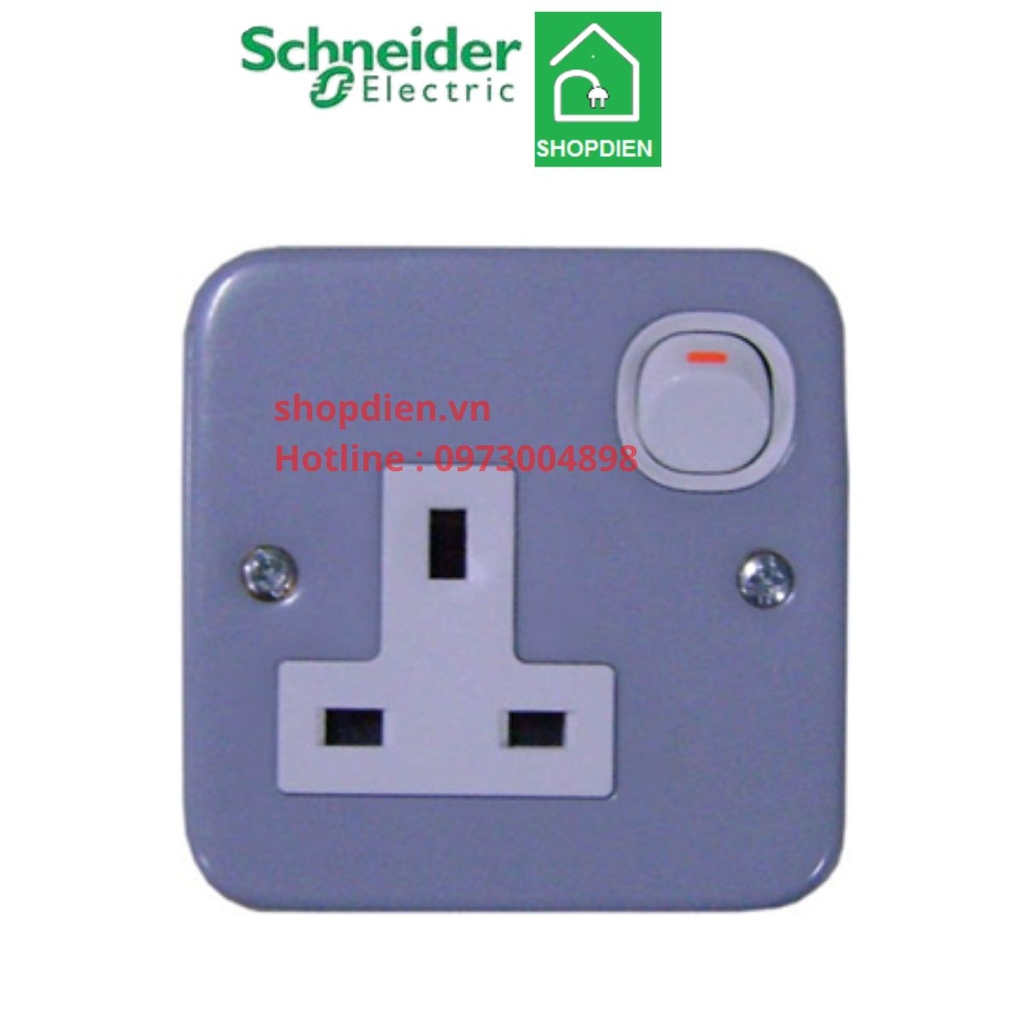 Ổ cắm đơn 3 chấu mặt kim loại metal clad vuông chuẩn Anh có công tắc Schneider-ESM15_G19