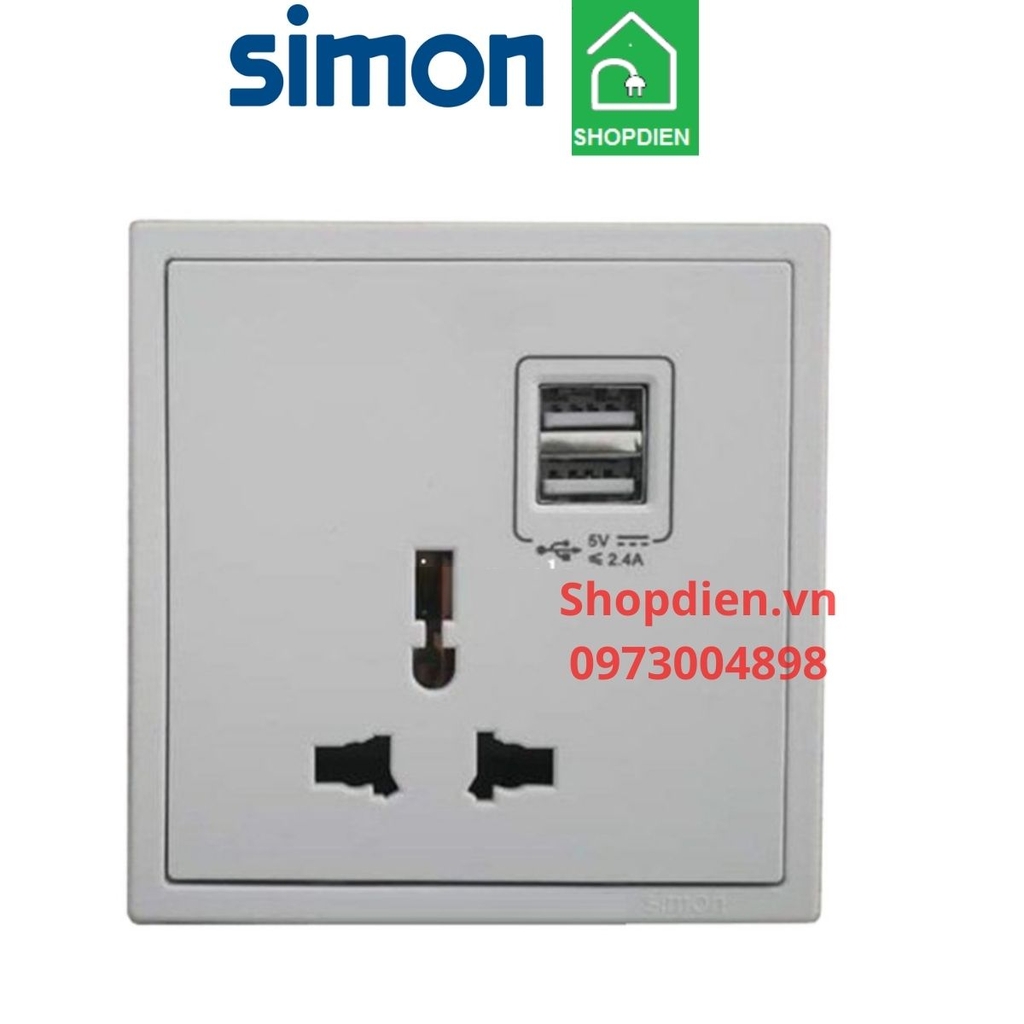 70E725 SIMON i7 Ổ cắm đơn 3 chấu đa năng và ổ USB sạc đôi màu trắng