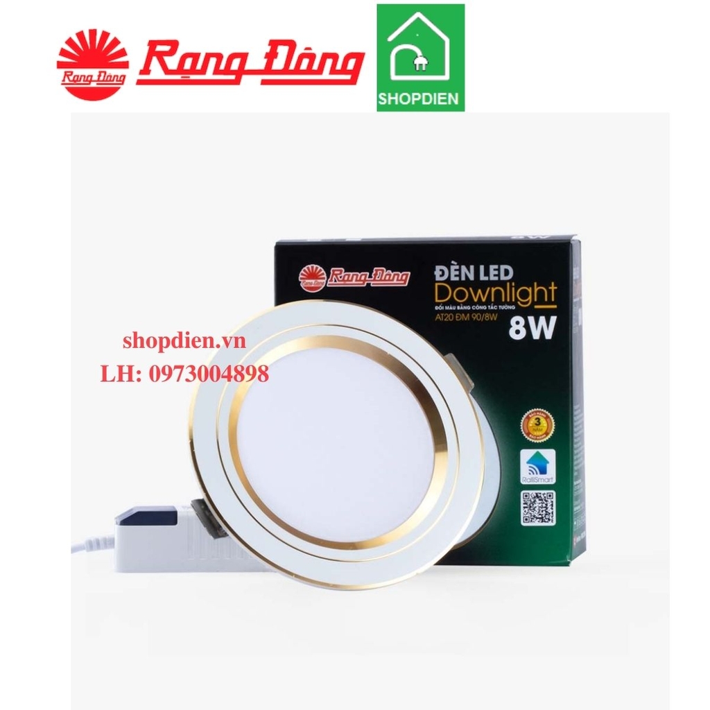 Đèn downlight âm trần đổi màu 8W D90 Rạng Đông AT20 ĐM 90/8W viền vàng / bạc