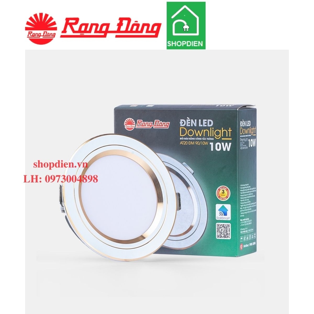 Đèn downlight âm trần đổi màu 10W D90 viền vàng / bạc Rạng Đông-AT20 ĐM 90/10W