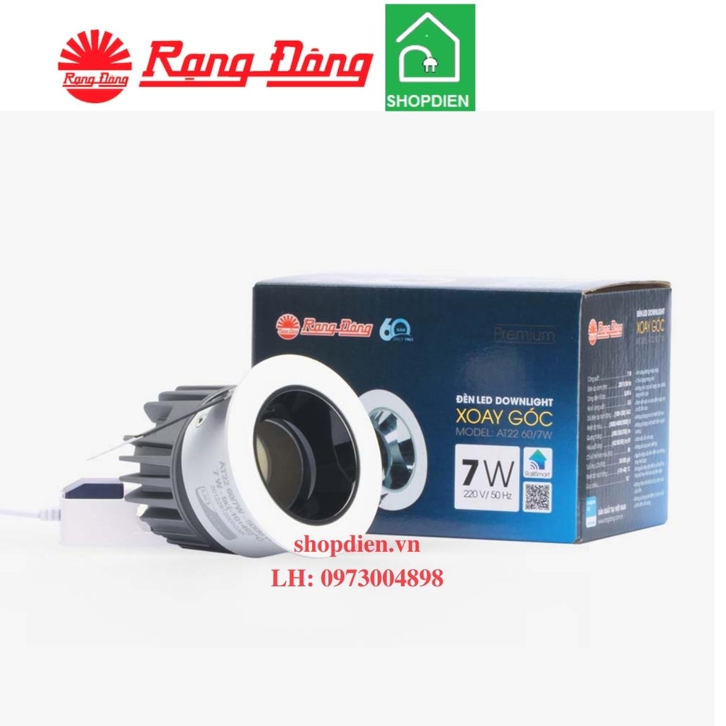 AT22 60/7W Rạng Đông Đèn downlight rọi âm trần7W D60 chỉnh góc chiếu