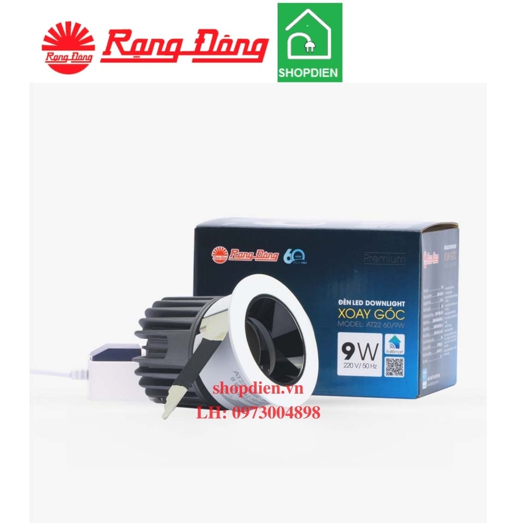 AT22 60/9W Rạng Đông Đèn downlight rọi âm trần 9W D60 chỉnh góc chiếu