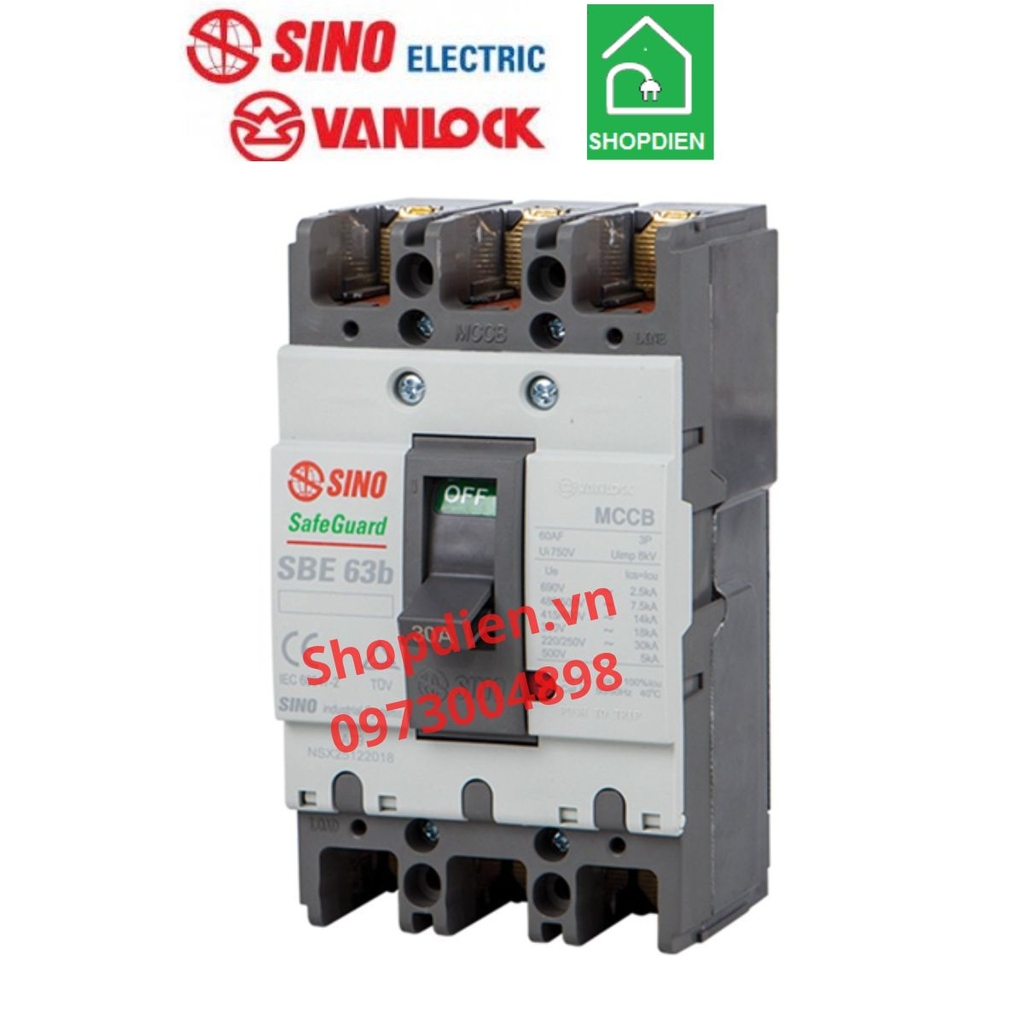 SBE63b/40 Sino Vanlock MCCB 3P 40A 18KA Aptomat cầu dao tự động