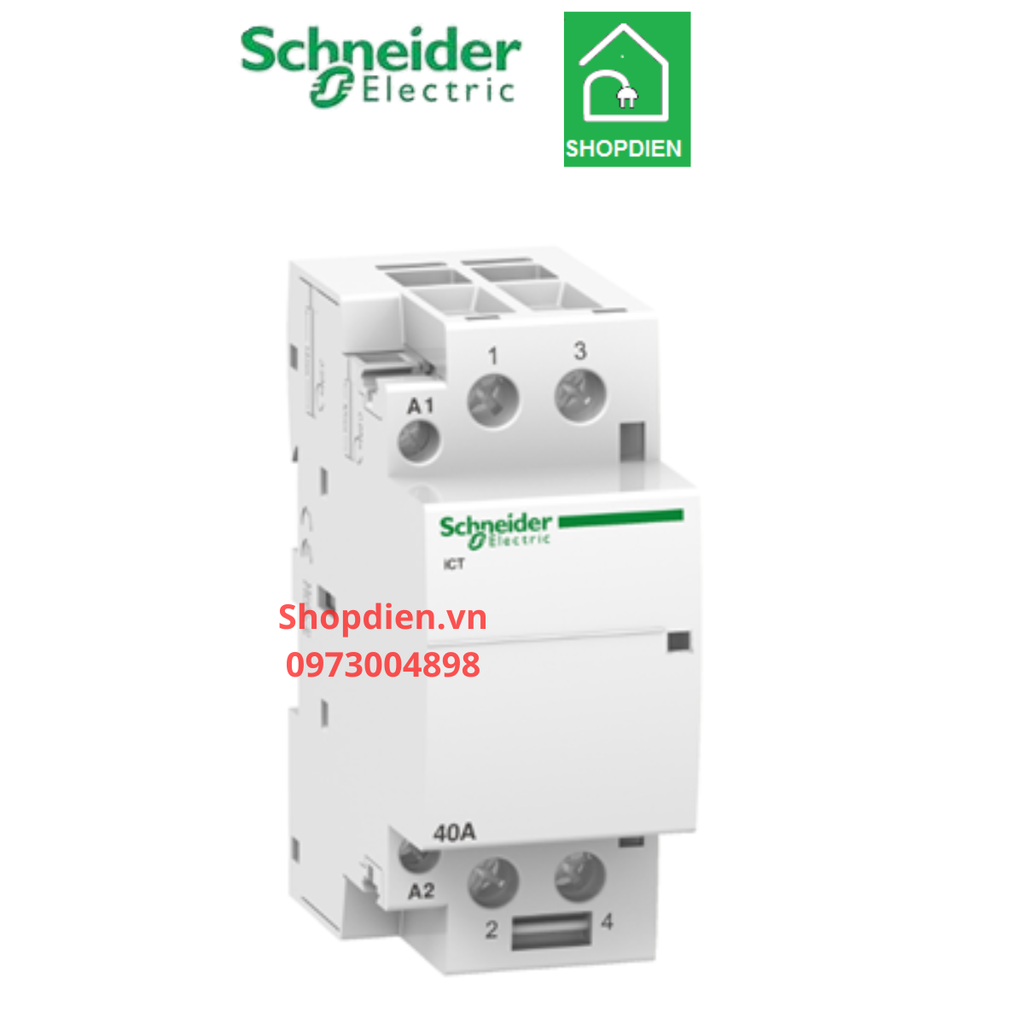 Contactor khởi động từ 1 pha dạng cài thanh DIN 2P 40A Schneider Acti9 ICT A9C20842