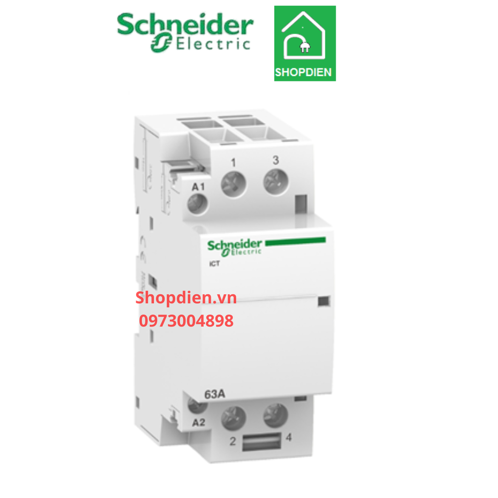 Contactor khởi động từ 1 pha dạng cài thanh DIN 2P 63A Schneider Acti9 ICT A9C20862