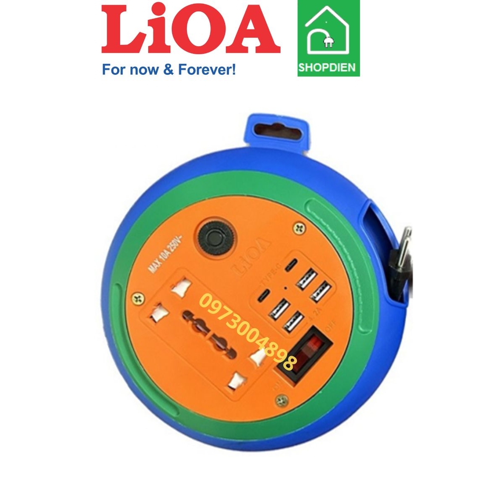 DBU53-15A LIOA Ổ cắm kéo dài Rulo quay tay 4 cổng có USB sạc có tiếp địa