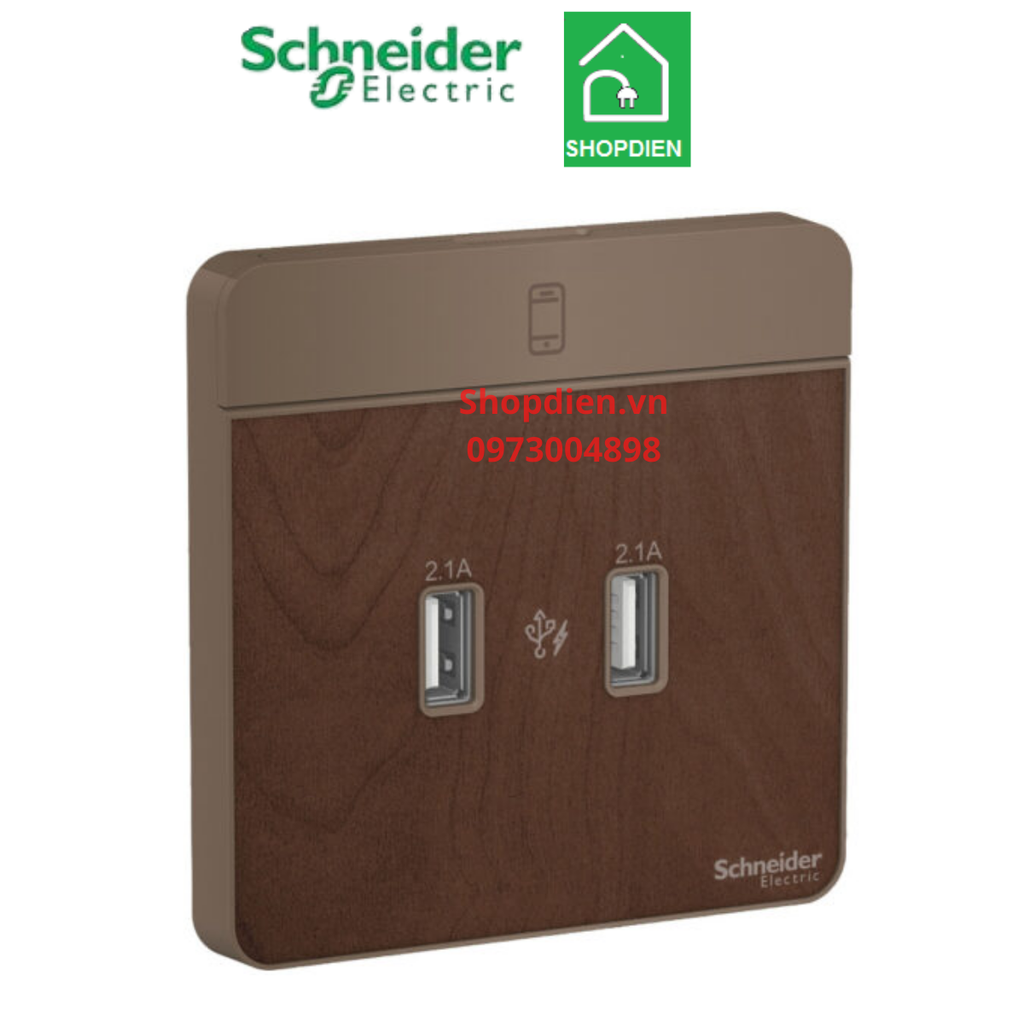 E8332USB_WD_G19 Schneider Ổ cắm sạc USB đôi AvatarOn Màu gỗ Vuông