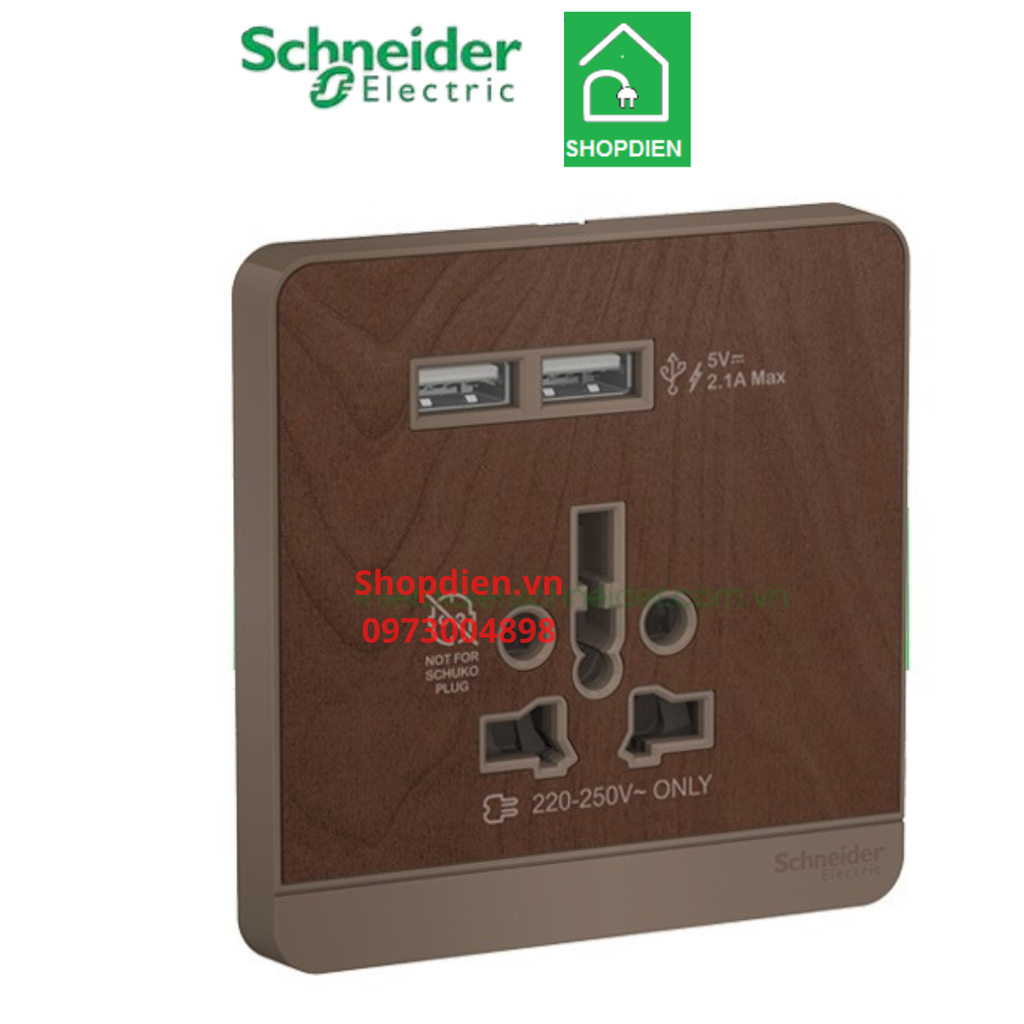 E8342616USB_WD Schneider Ổ cắm đa năng và ổ sạc USB đôi AvatarOn Màu gỗ Vuông