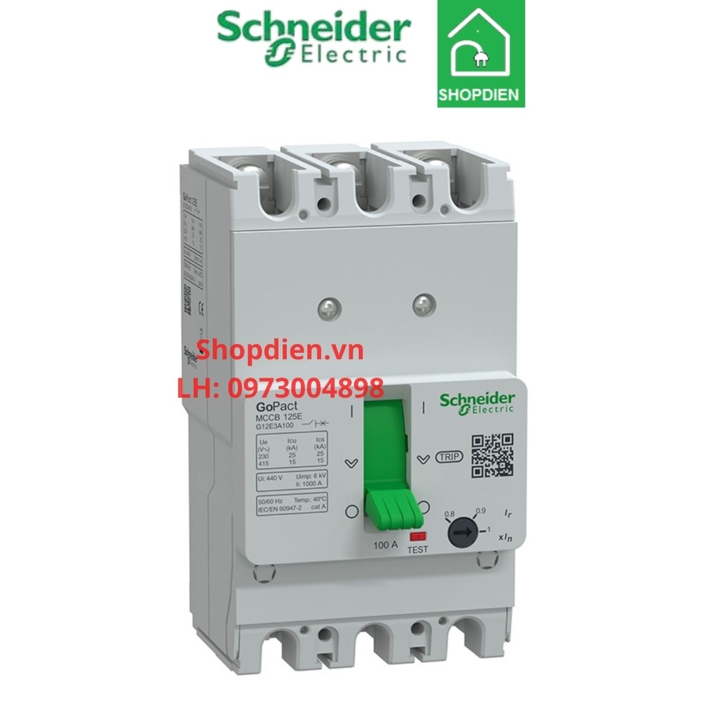 G12E3A100 Schneider MCCB 3P 100A 15KA Gopact 125E Aptomat Cầu dao tự động