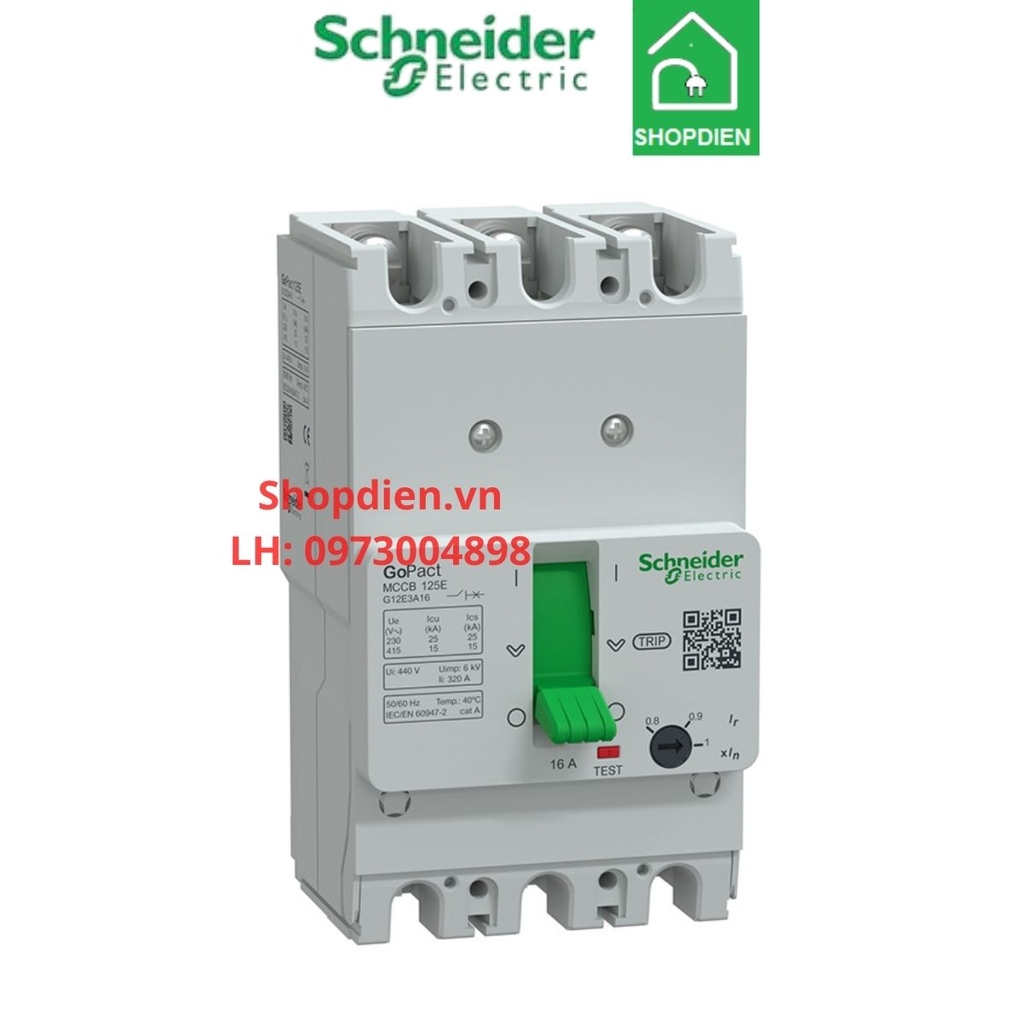 G12E3A16 Schneider MCCB 3P 16A 15KA Gopact 125E Aptomat Cầu dao tự động