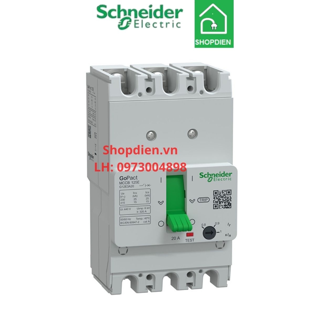 G12E3A20 Schneider MCCB 3P 20A 15KA Gopact 125E Aptomat Cầu dao tự động