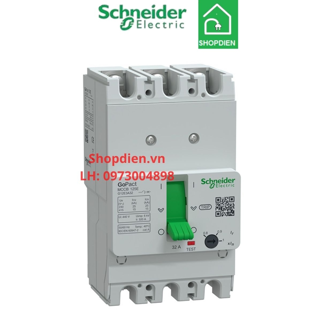 G12E3A32 Schneider MCCB 3P 32A 15KA Gopact 125E Aptomat Cầu dao tự động