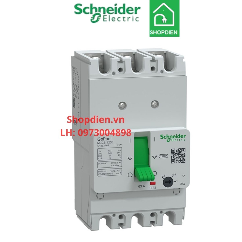 G12E3A63 Schneider MCCB 3P 63A 15KA Gopact 125E Aptomat Cầu dao tự động