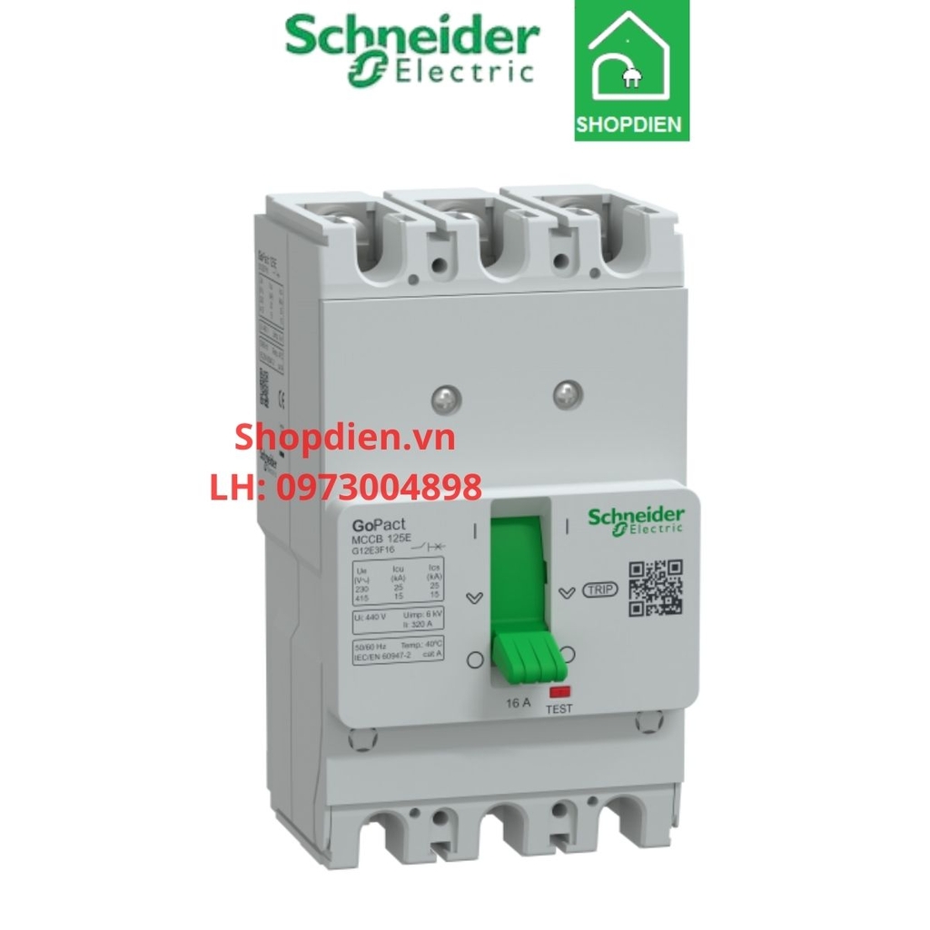 G12E3F16 Schneider MCCB 3P 16A 15KA Gopact 125E Aptomat Cầu dao tự động