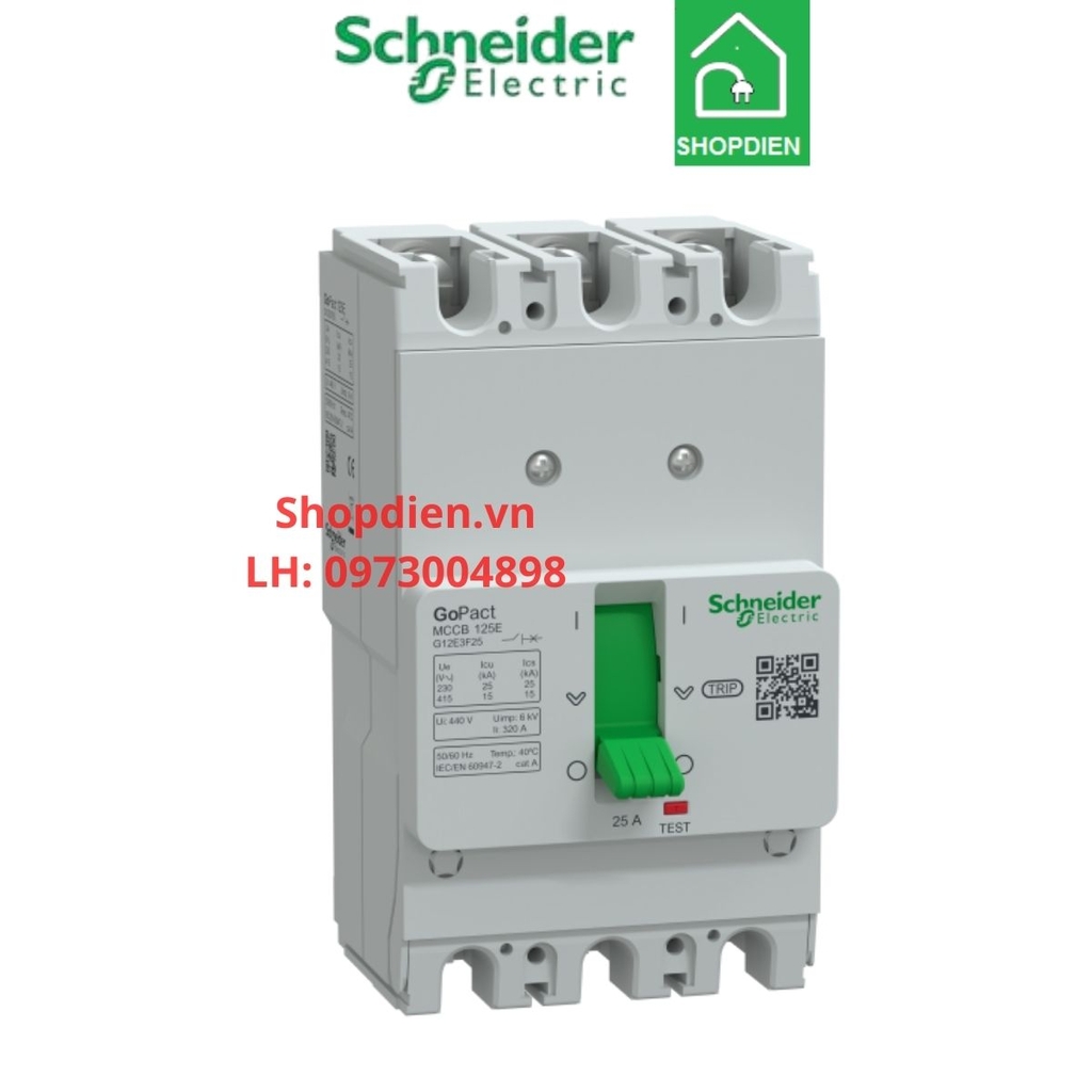 G12E3F25 Schneider MCCB 3P 25A 15KA Gopact 125E Aptomat Cầu dao tự động