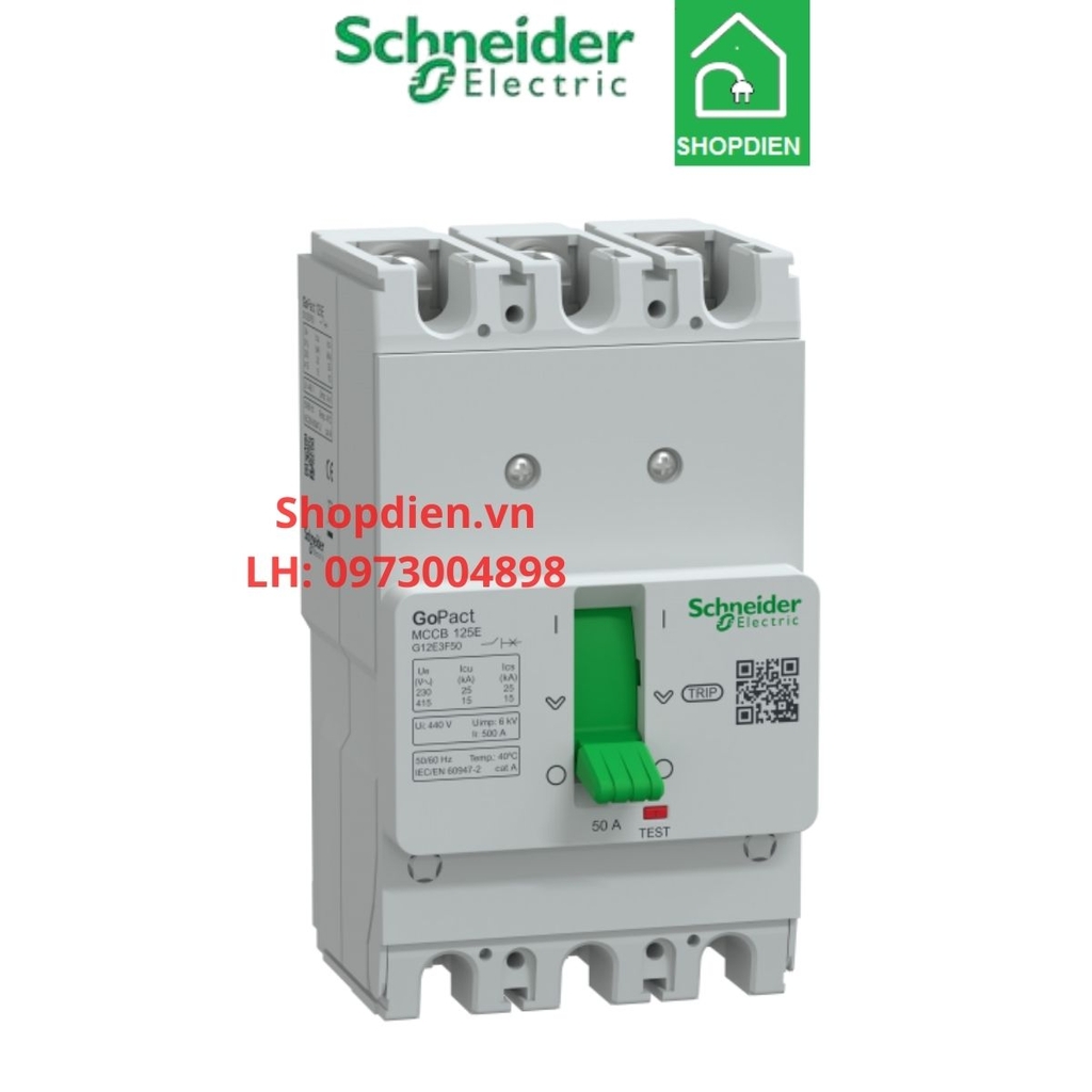 G12E3F50 Schneider MCCB 3P 50A 15KA Gopact 125E Aptomat Cầu dao tự động