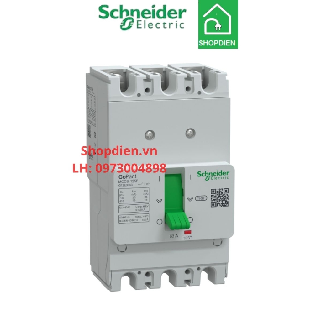 G12E3F63 Schneider MCCB 3P 63A 15KA Gopact 125E Aptomat Cầu dao tự động