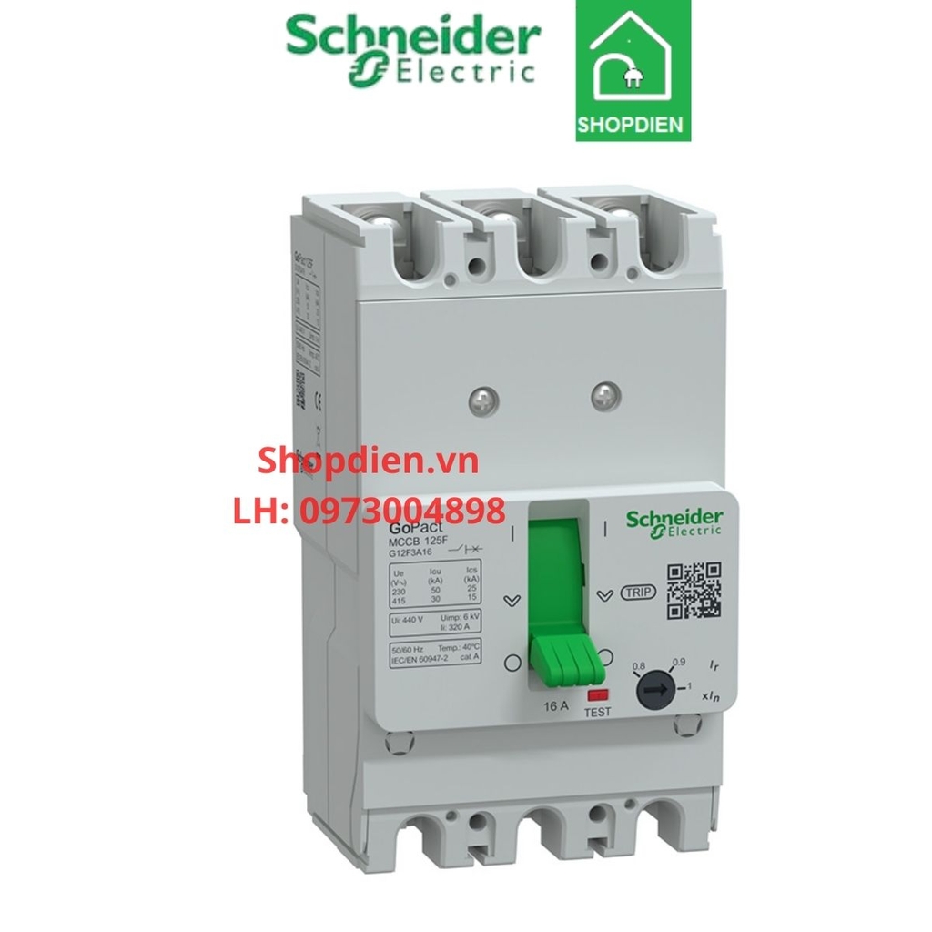 G12F3A16 Schneider MCCB 3P 16A 30KA Gopact 125F Aptomat Cầu dao tự động