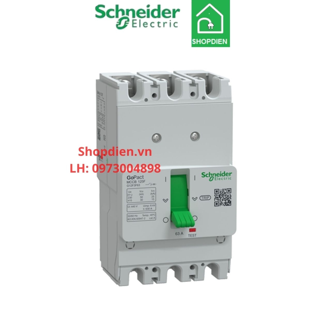 G12F3F63 Schneider MCCB 3P 63A 30KA Gopact 125F Aptomat Cầu dao tự động