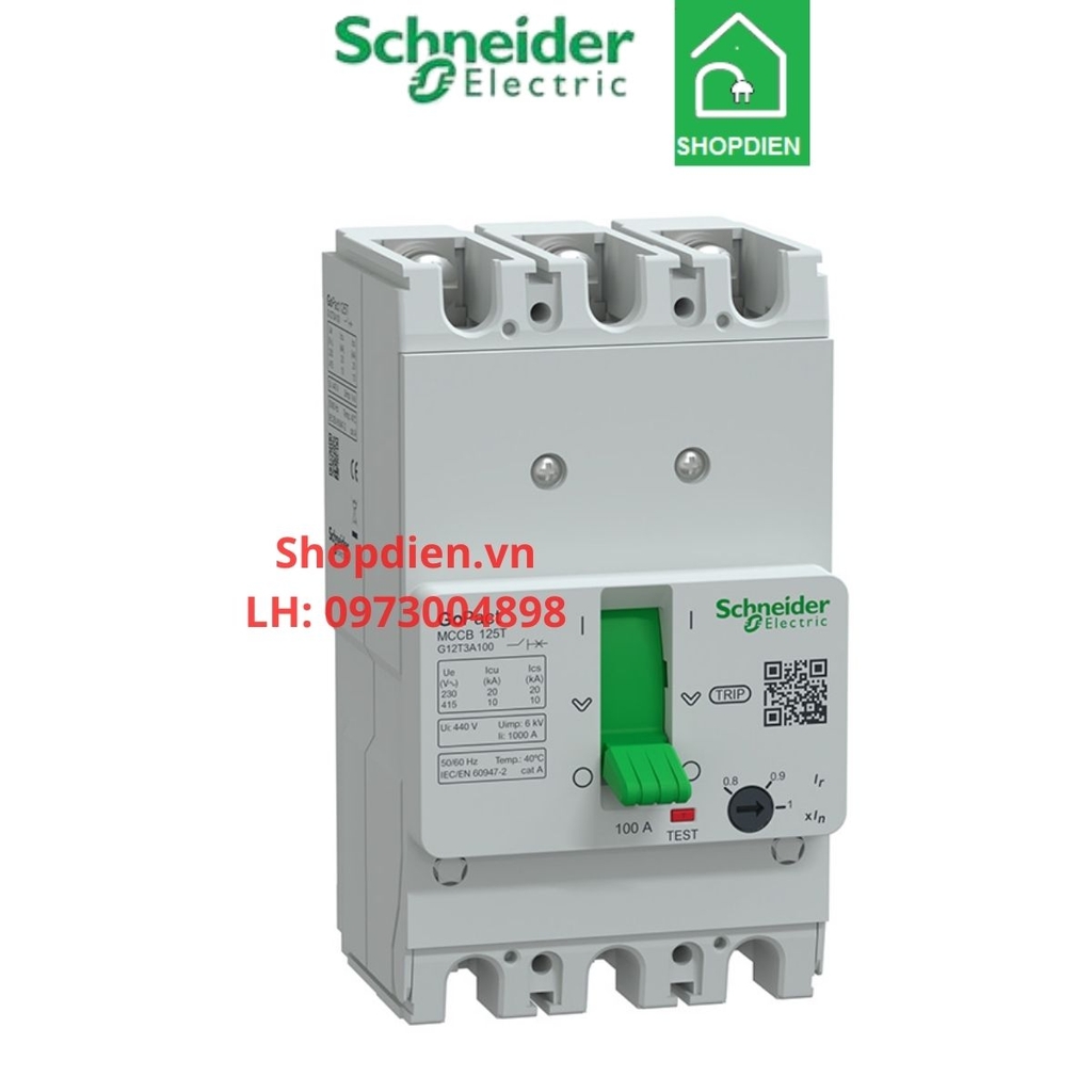 G12T3A100 Schneider MCCB 3P 100A 10kA Gopact 125T Aptomat Cầu dao tự động