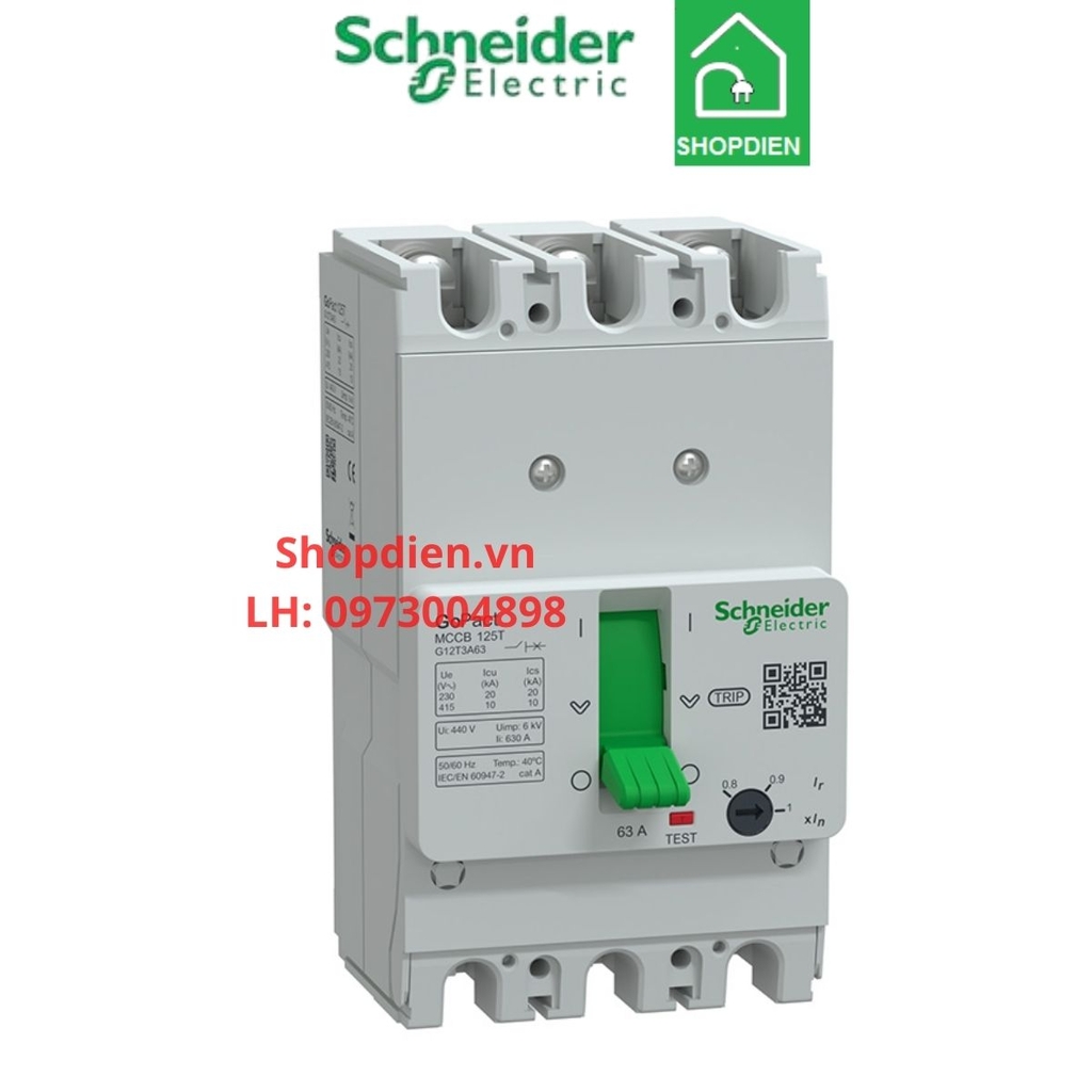G12T3A63 Schneider MCCB 3P 63A 10kA Gopact 125T Aptomat Cầu dao tự động