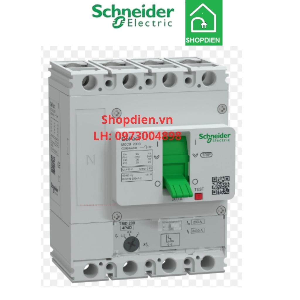 G20F4A200 Schneider MCCB 4P 200A 36kA Gopact 200F Aptomat Cầu dao tự động