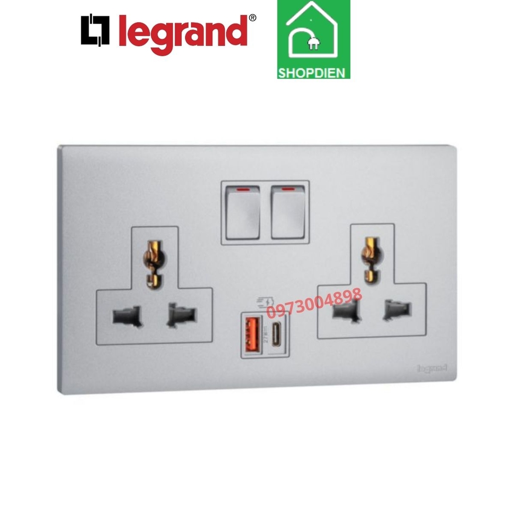 MEC33077SL Legrand Ổ cắm đôi 3 chấu và ổ sạc USB Type A type C OBRIA màu ghi xám