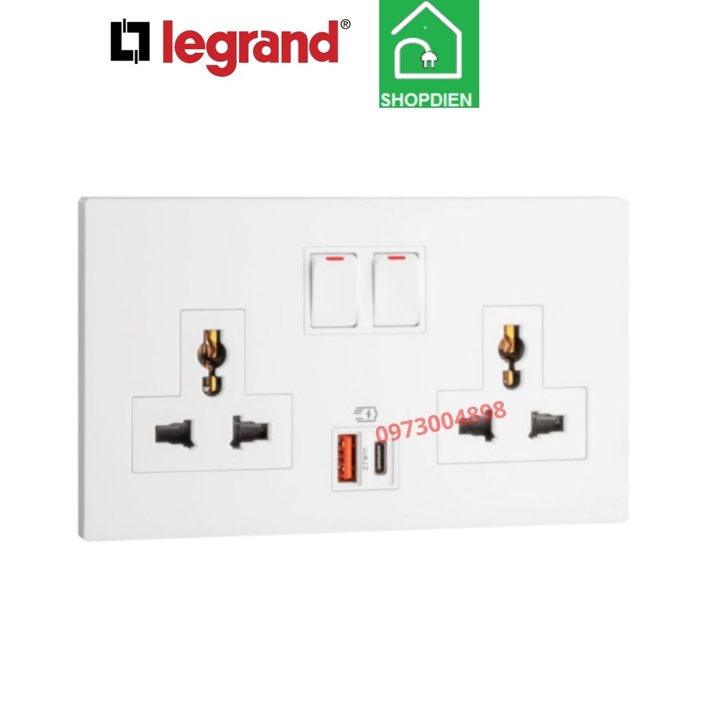 MEC33077WH Legrand Ổ cắm đôi 3 chấu và ổ sạc USB Type A type C OBRIA màu trắng