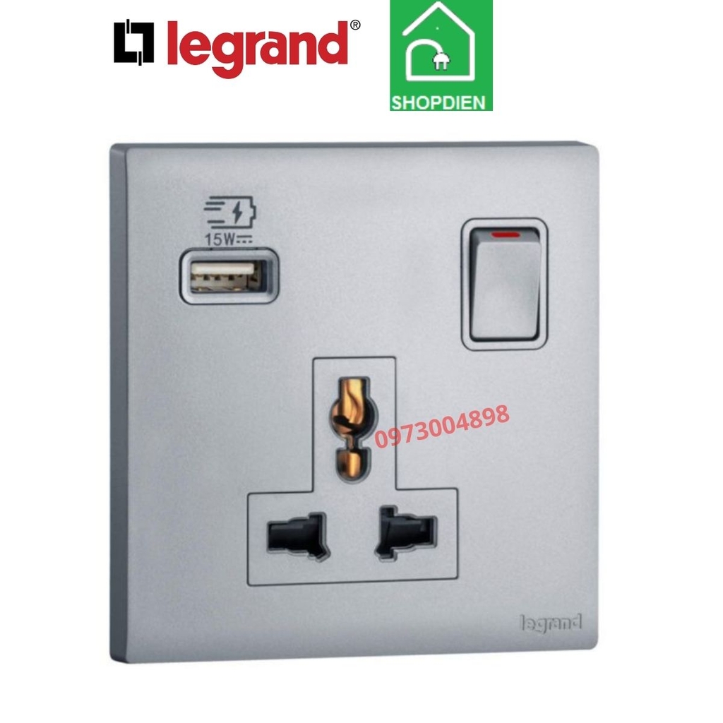 MEC33081SL Legrand Ổ cắm đa năng có công tắc và sạc USB OBRIA màu ghi xám