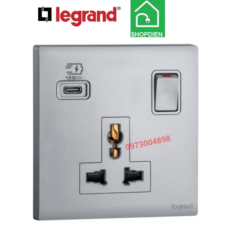 MEC33083SL Legrand Ổ cắm đa năng có công tắc và sạc USB OBRIA màu ghi xám