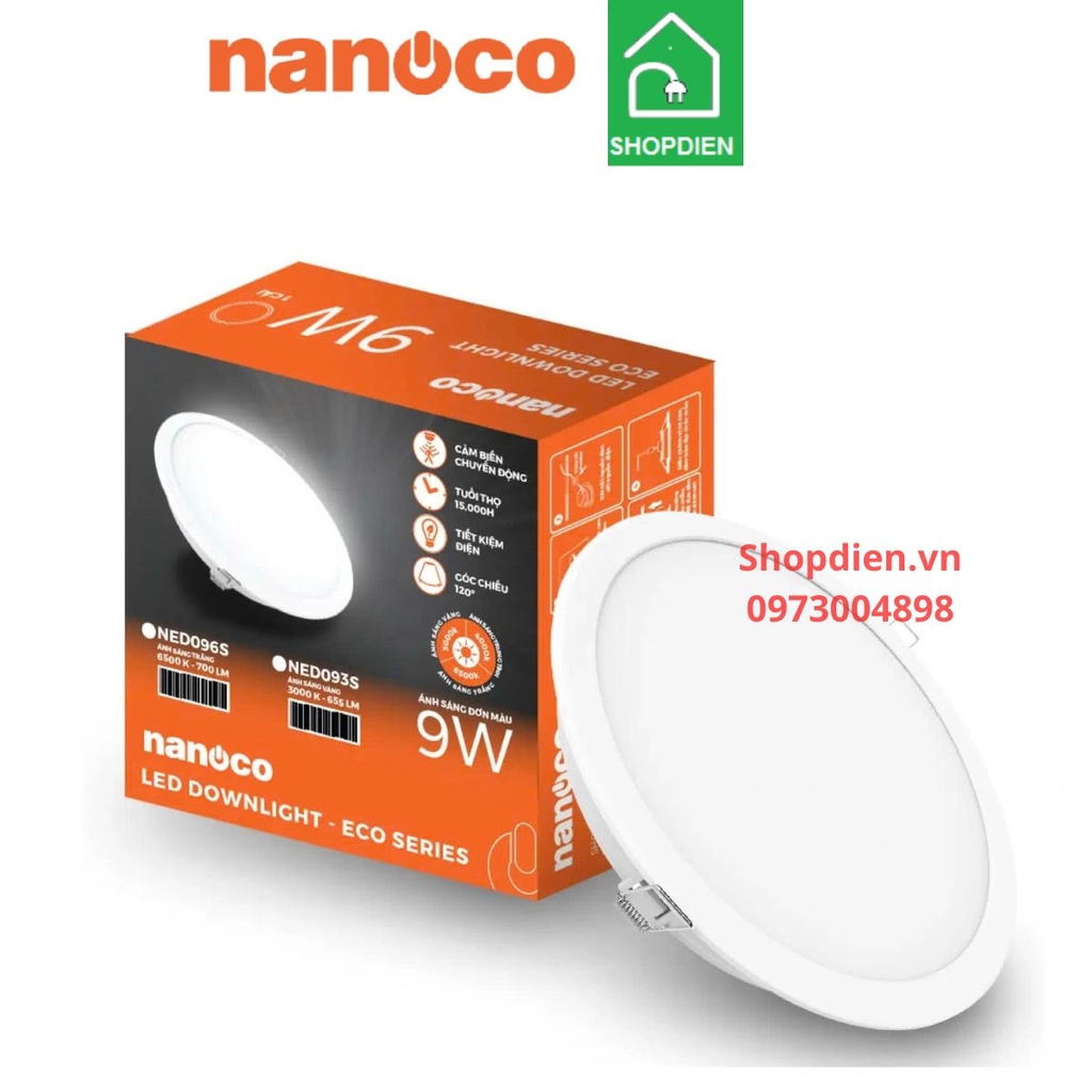 NED093S Nanoco Đèn downlight cảm biến 9W D90 as vàng 3000k