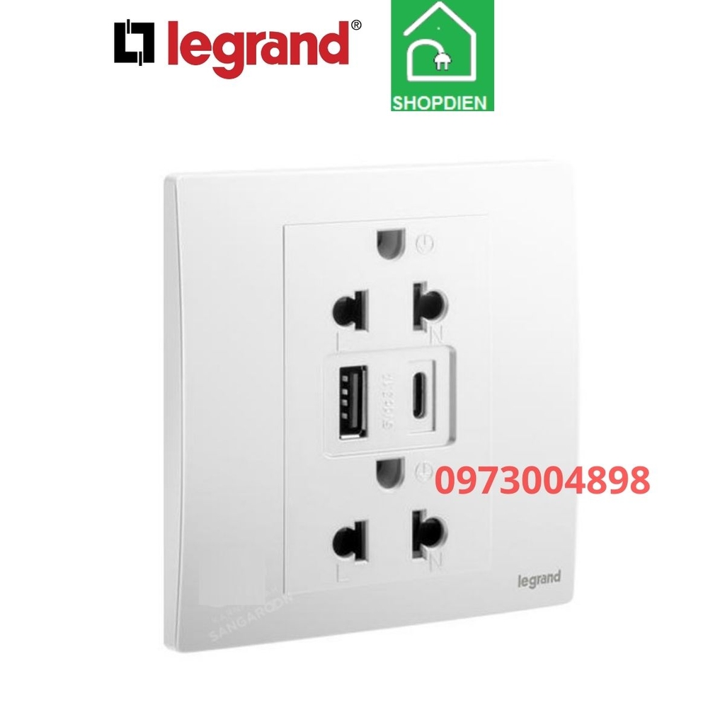 Ổ cắm đôi 3 chấu và ổ sạc USB Type A+ Type C Legrand 281204MW Mallia Senses màu trắng