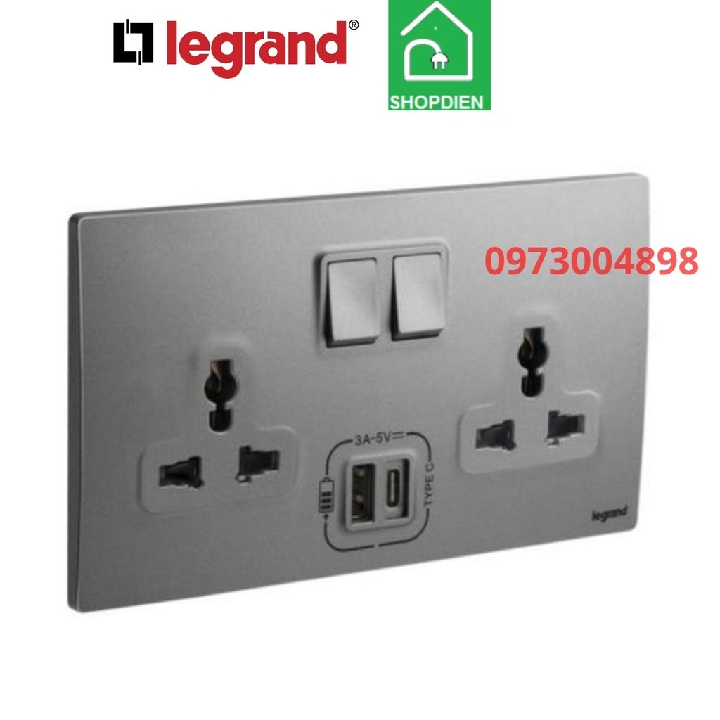 Ổ cắm đôi đa năng có công tắc  và ổ sạc USB Legrand 281123DS Mallia Senses màu ghi xám