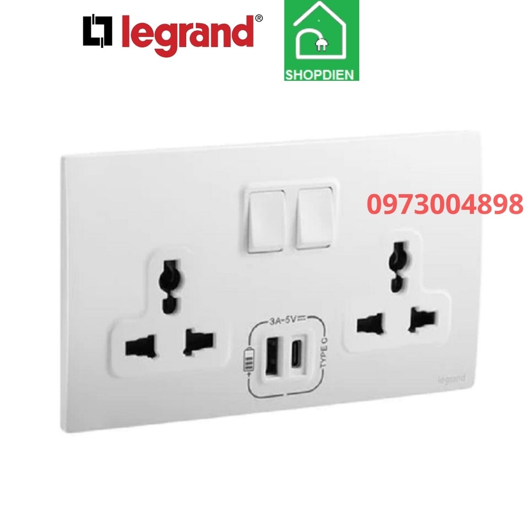 Ổ cắm đôi đa năng có công tắc  và ổ sạc USB Legrand 281123MW Mallia Senses màu trắng