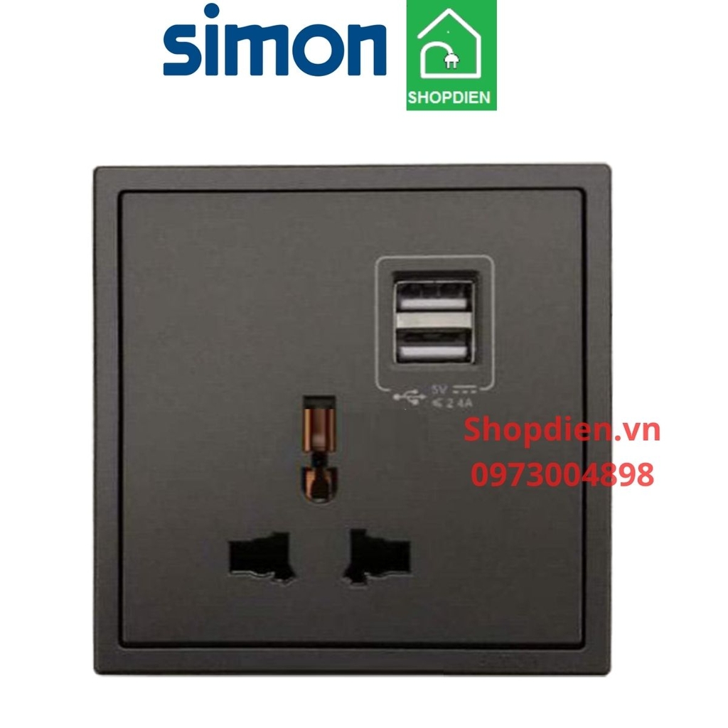 70E725-61SIMON i7 Ổ cắm đơn 3 chấu đa năng và ổ USB sạc đôi màu ghi xám