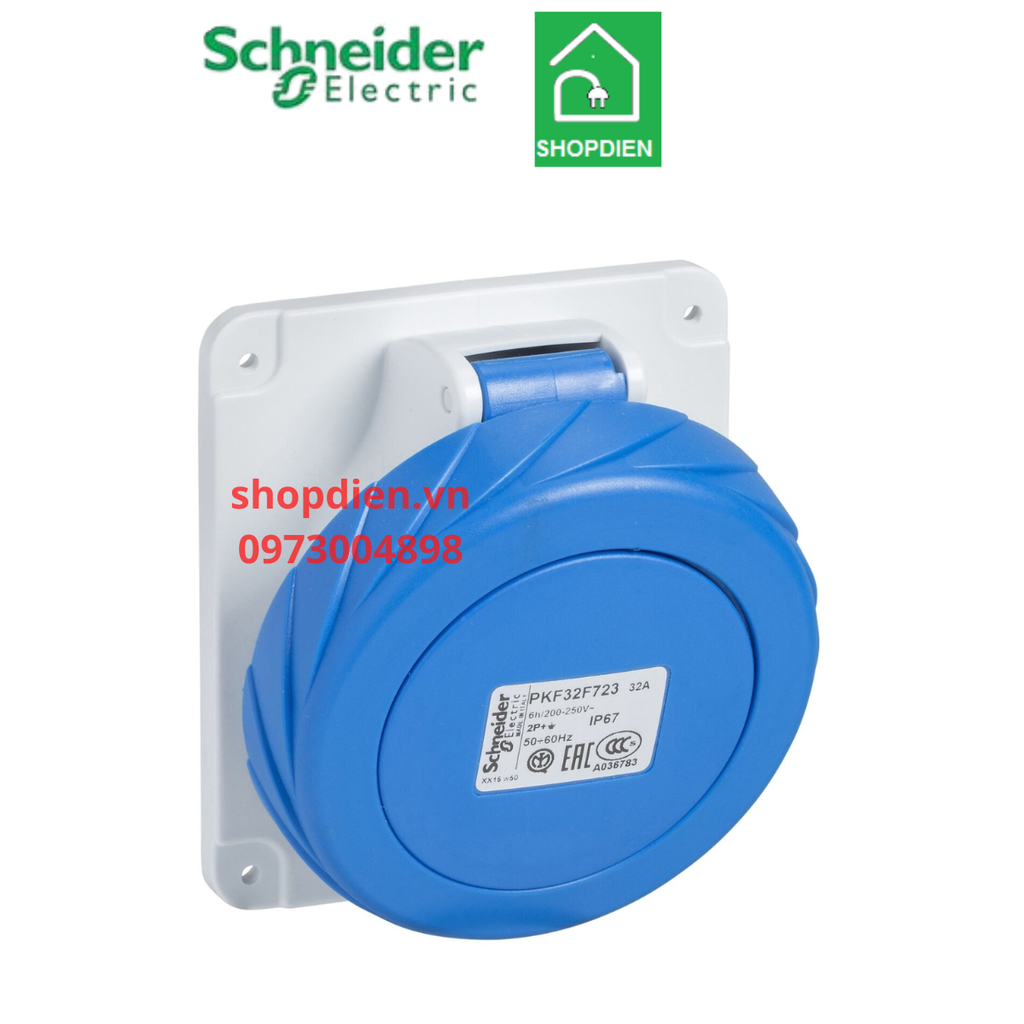 PKF16F723 Schneider Ổ cắm công nghiệp 3P 16A IP67 loại âm dạng nghiêng 2P+E