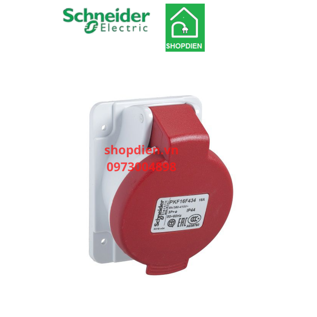 PKF32F434 Schneider Ổ cắm công nghiệp 4P 32A IP44 loại âm dạng nghiêng 3P+E