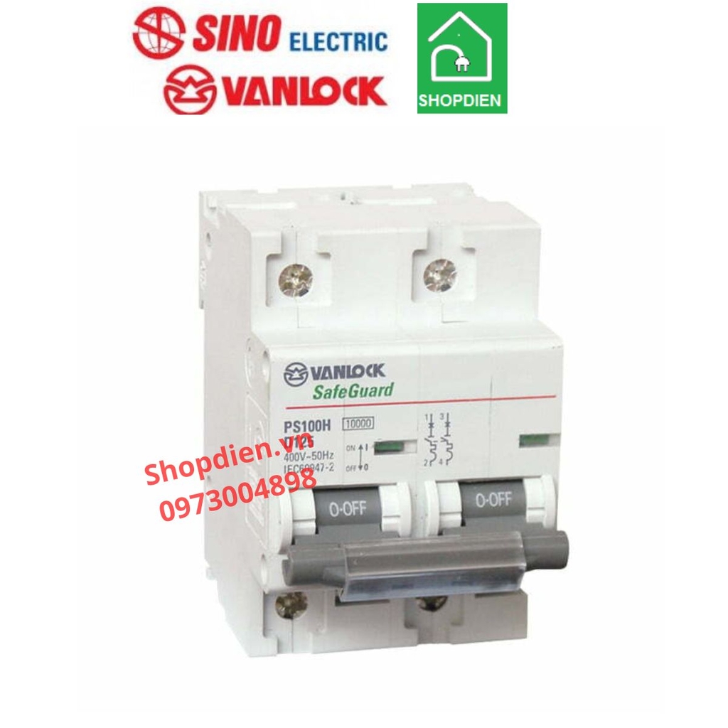 PS100H/2/D100 Sino Vanlock MCB 2P 100A 10KA Aptomat cầu dao tự động