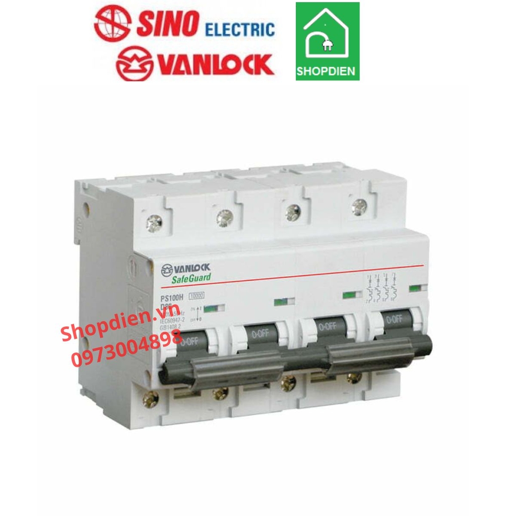 PS100H/4/D100 Sino Vanlock MCB 4P 100A 10KA Aptomat cầu dao tự động