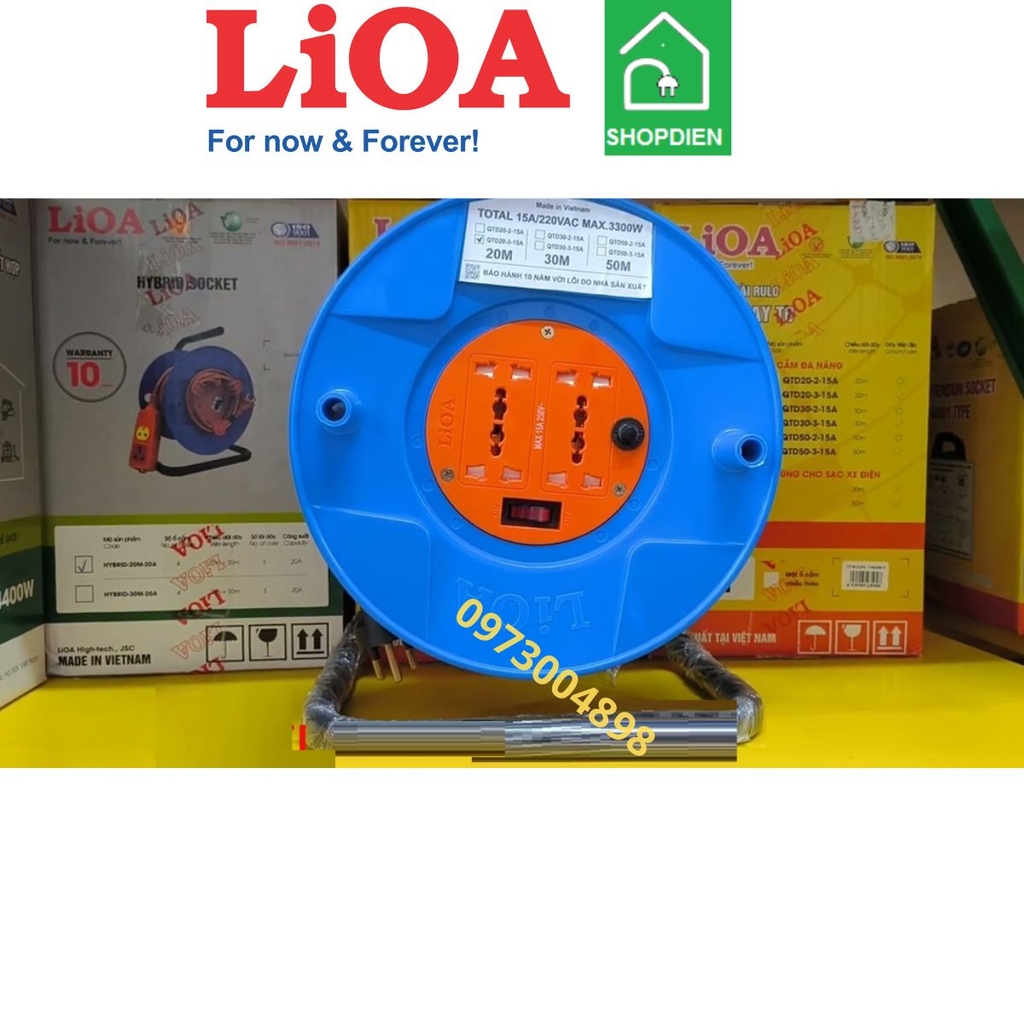 QTD50-3-15A LIOA Ổ cắm kéo dài Rulo xách tay 4 cổng đa năng 50m có tiếp địa