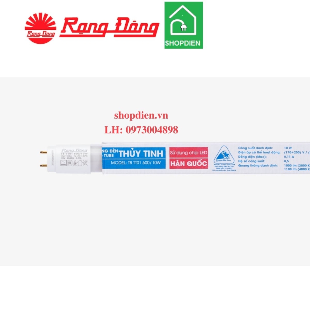 Rạng Đông T8 TT01 600/10W Bóng tuýp thủy tinh T8 0.6m 10W ledtube