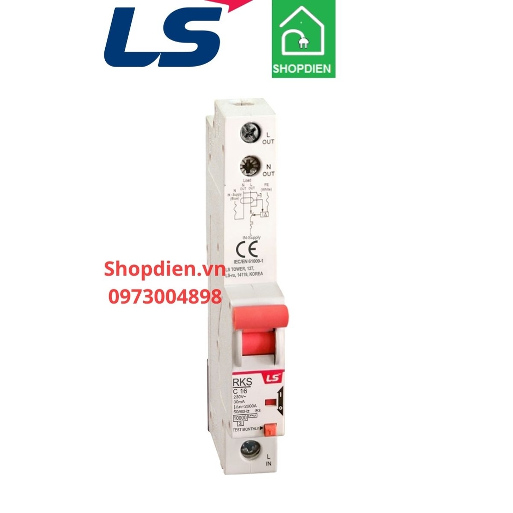 RKS 1P+N LS RCBO 2P 16A 30mA 10kA Aptomat chống rò chống giật