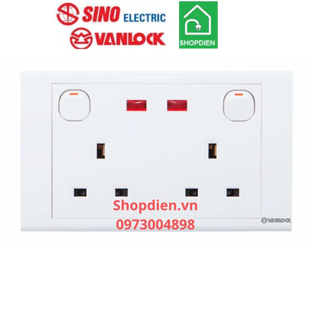 S1825SN SINO Ổ cắm đôi 3 chấu vuông có công tắc đèn báo Vanlock S18