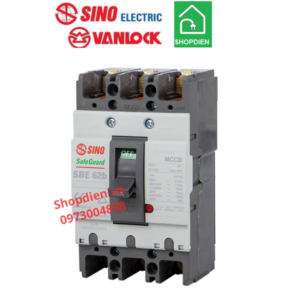 SBE62b/15 Sino Vanlock MCCB 2P 15A 30KA Aptomat cầu dao tự động