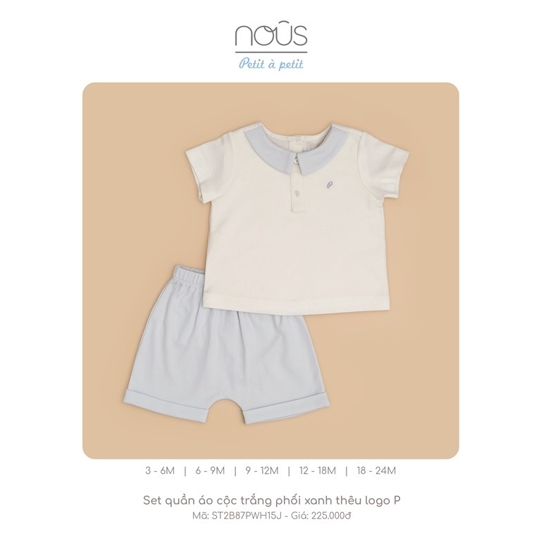 NOUS - Set quần áo cộc trắng phối xanh thêu logo P - NU Petit - 6M