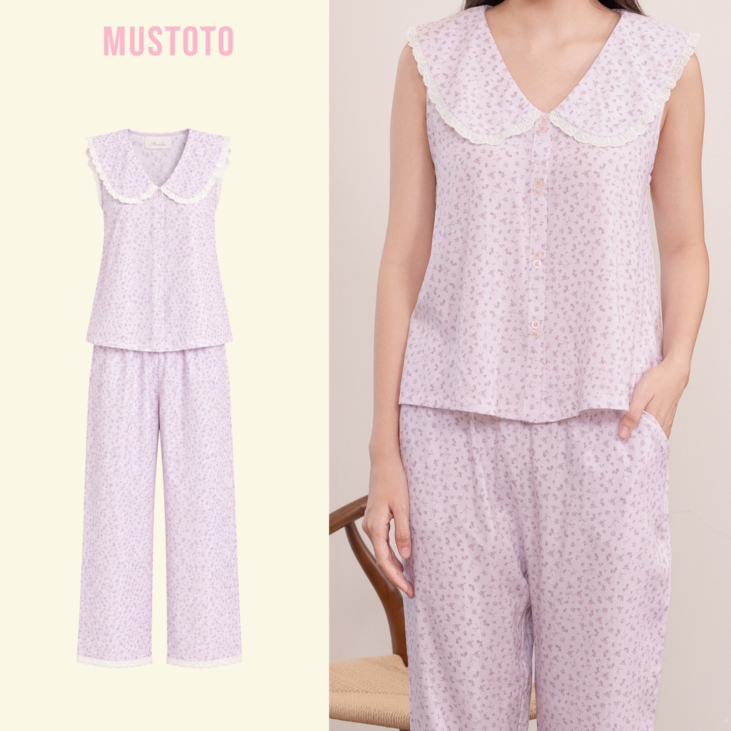 MB101 | MUSTOTO Bộ Mặc Nhà Pijama Lyocell Viền Bèo Quần Dài Thu Đông