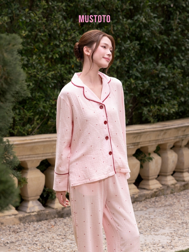 MB90 | Bộ Mặc Nhà Pijama Muslin Crepe 100% Cotton Tay Dài Quần Dài Thu Đông