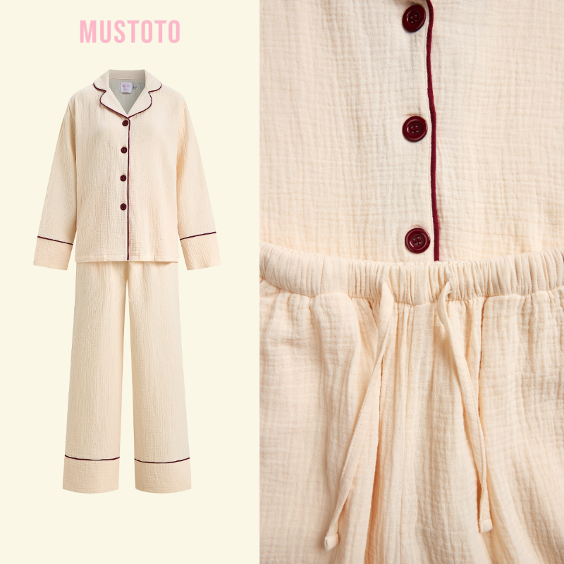 MB90 | Bộ Mặc Nhà Pijama Muslin Crepe 100% Cotton Tay Dài Quần Dài Thu Đông
