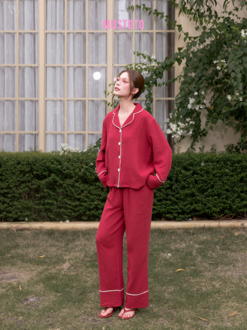 MB90 | Bộ Mặc Nhà Pijama Muslin Crepe 100% Cotton Tay Dài Quần Dài Thu Đông